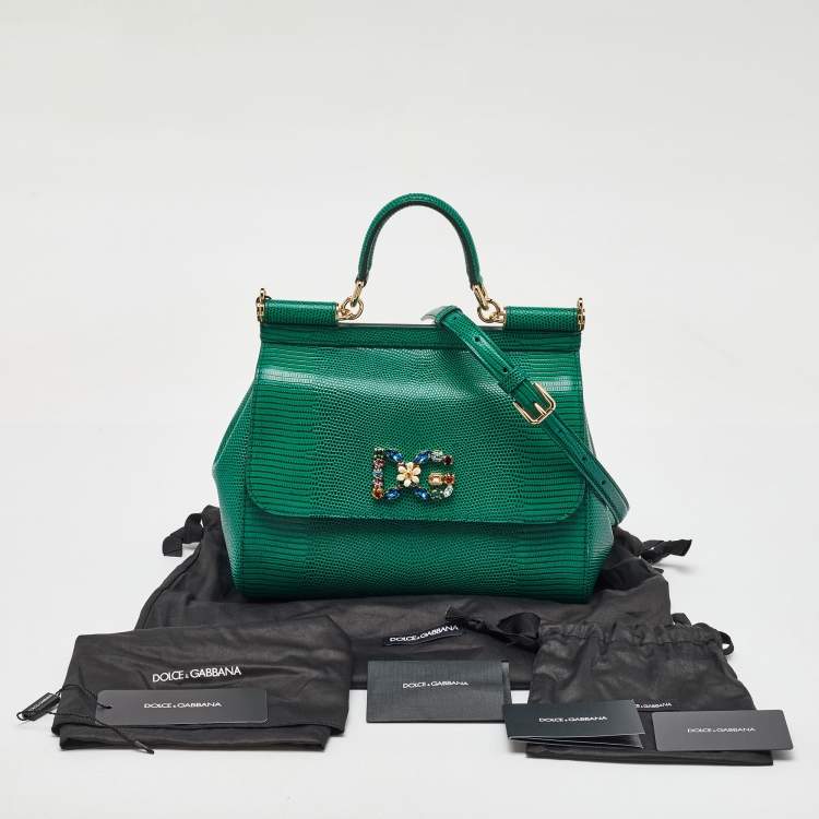 Pre Owned Dolce & Gabbana Green Iguana Embossed Leather Crystal DG Logo Medium Miss Sicily Bag