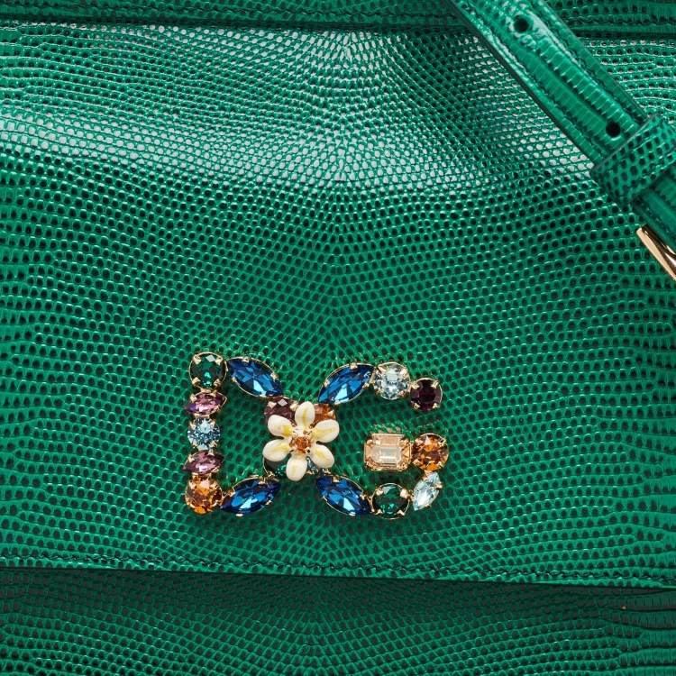 Pre Owned Dolce & Gabbana Green Iguana Embossed Leather Crystal DG Logo Medium Miss Sicily Bag