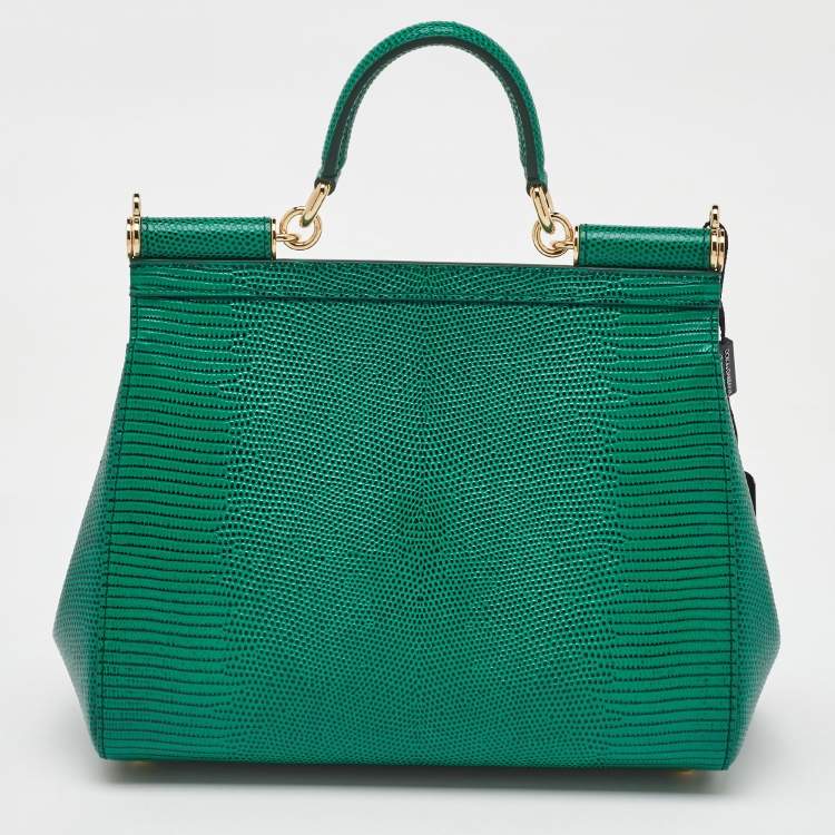 Pre Owned Dolce & Gabbana Green Iguana Embossed Leather Crystal DG Logo Medium Miss Sicily Bag