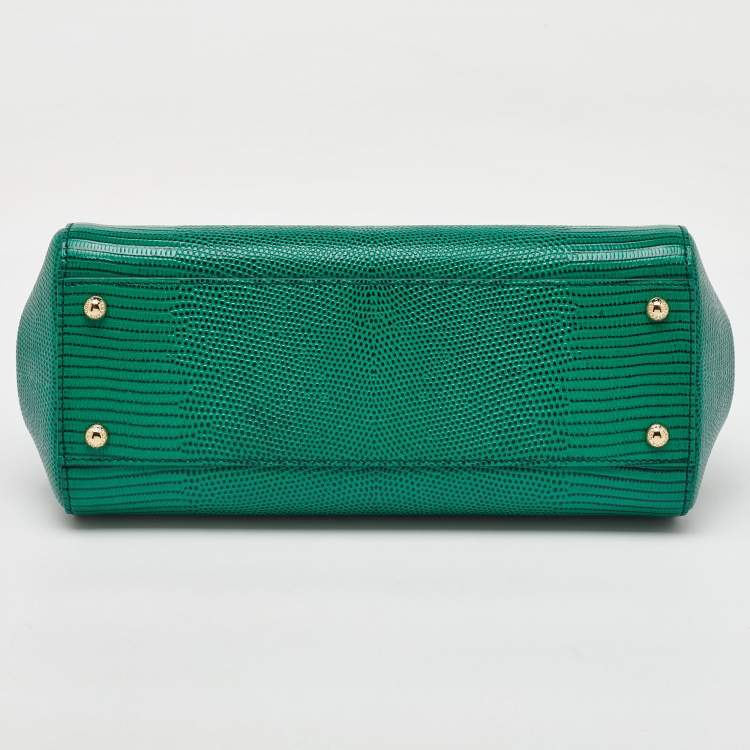 Pre Owned Dolce & Gabbana Green Iguana Embossed Leather Crystal DG Logo Medium Miss Sicily Bag