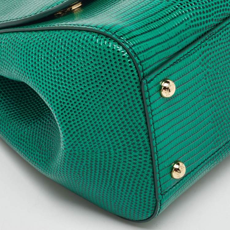 Pre Owned Dolce & Gabbana Green Iguana Embossed Leather Crystal DG Logo Medium Miss Sicily Bag