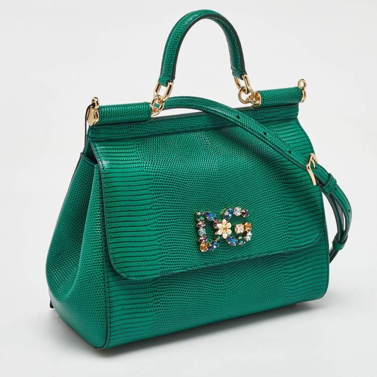 Pre Owned Dolce & Gabbana Green Iguana Embossed Leather Crystal DG Logo Medium Miss Sicily Bag