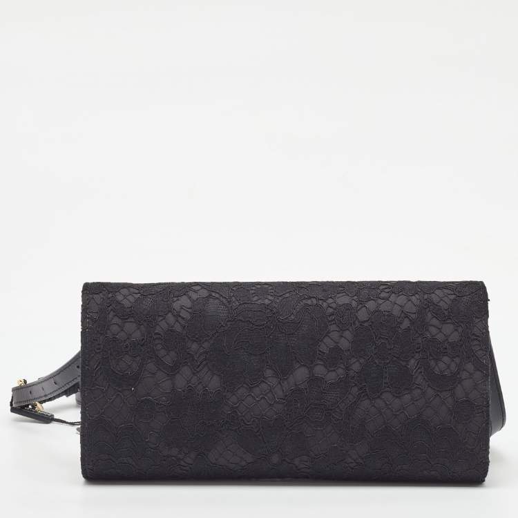 Pre Owned Dolce & Gabbana Black Lace and Satin Flap Crossbody Bag