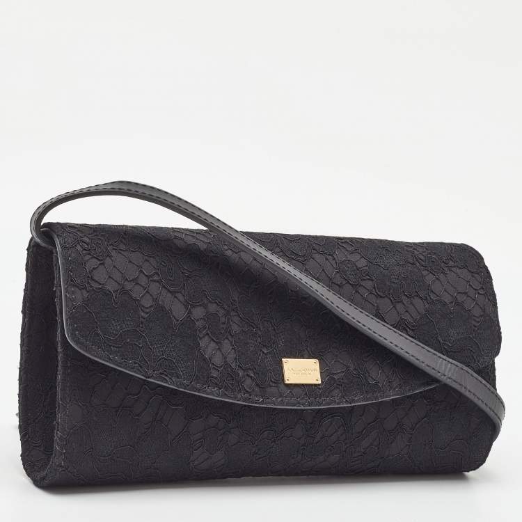 Pre Owned Dolce & Gabbana Black Lace and Satin Flap Crossbody Bag