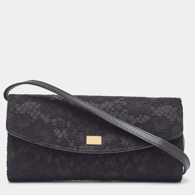 Pre Owned Dolce & Gabbana Black Lace and Satin Flap Crossbody Bag
