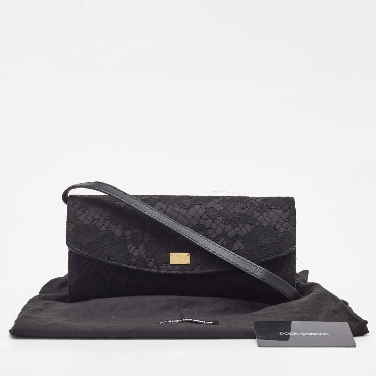 Pre Owned Dolce & Gabbana Black Lace and Satin Flap Crossbody Bag