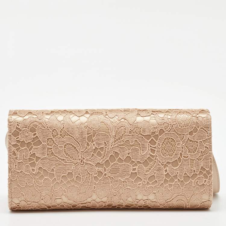 Pre Owned Dolce & Gabbana Beige Lace and Satin Flap Crossbody Bag