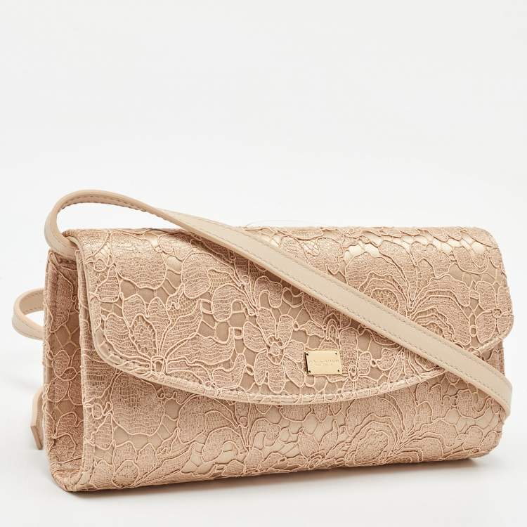 Pre Owned Dolce & Gabbana Beige Lace and Satin Flap Crossbody Bag