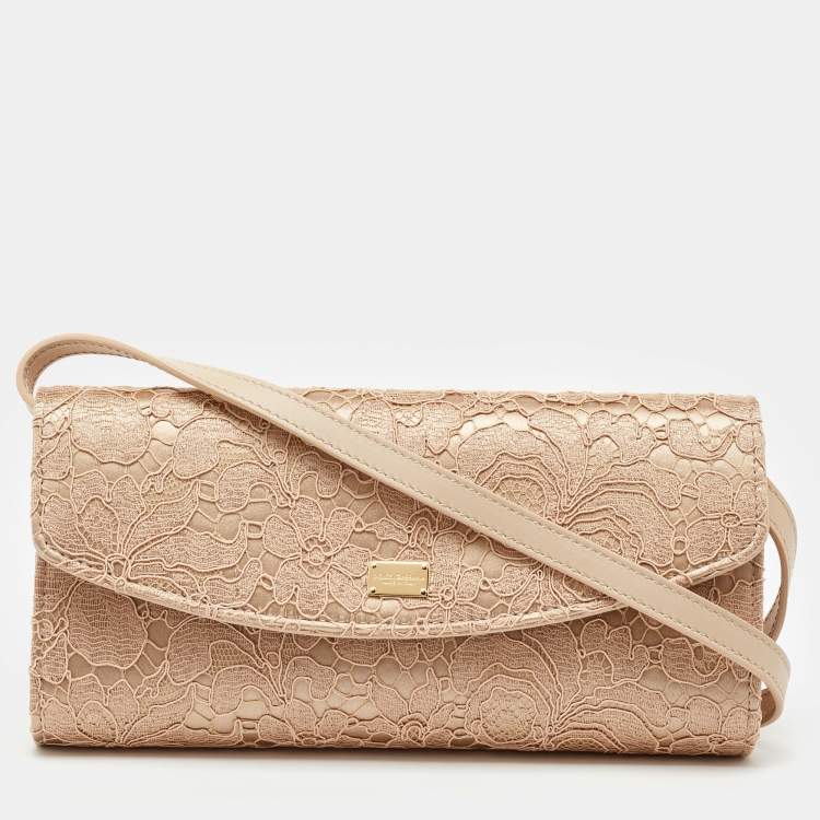 Pre Owned Dolce & Gabbana Beige Lace and Satin Flap Crossbody Bag