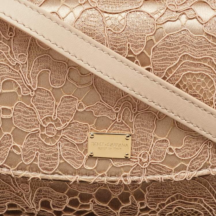 Pre Owned Dolce & Gabbana Beige Lace and Satin Flap Crossbody Bag