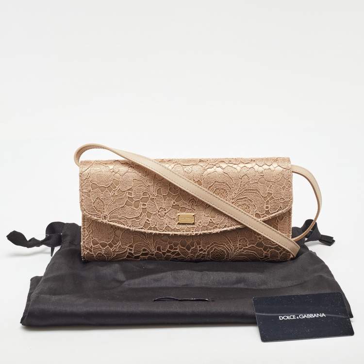 Pre Owned Dolce & Gabbana Beige Lace and Satin Flap Crossbody Bag