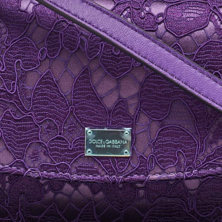 Pre Owned Dolce & Gabbana Purple Lace and Satin Flap Crossbody Bag