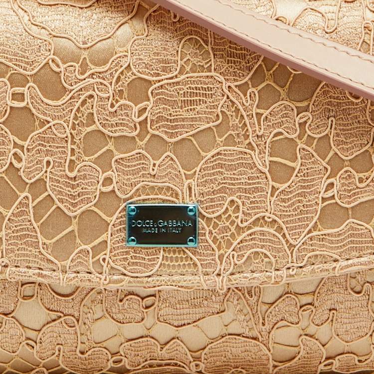 Pre Owned Dolce & Gabbana Beige Lace and Satin Sicily Flap Clutch