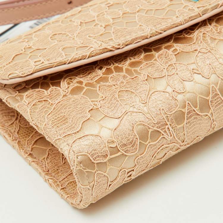 Pre Owned Dolce & Gabbana Beige Lace and Satin Sicily Flap Clutch