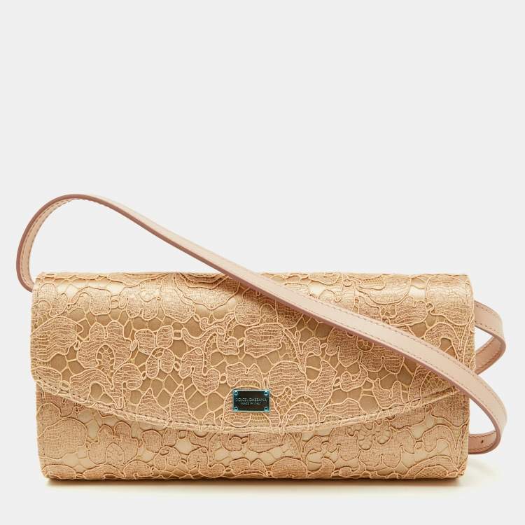 Pre Owned Dolce & Gabbana Beige Lace and Satin Sicily Flap Clutch