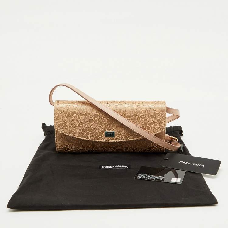 Pre Owned Dolce & Gabbana Beige Lace and Satin Sicily Flap Clutch