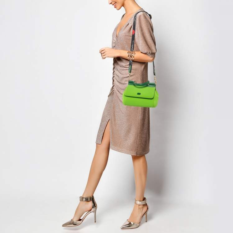 Pre Owned Dolce & Gabbana Neon Green Neoprene and Leather Small Miss Sicily Top Handle Bag