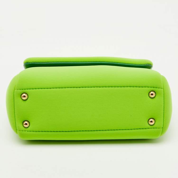 Pre Owned Dolce & Gabbana Neon Green Neoprene and Leather Small Miss Sicily Top Handle Bag