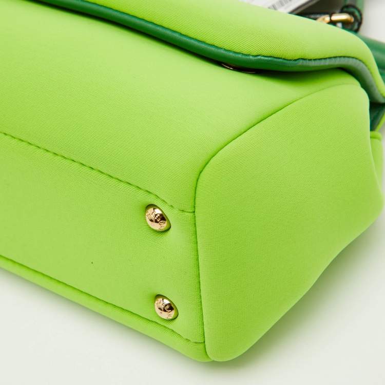 Pre Owned Dolce & Gabbana Neon Green Neoprene and Leather Small Miss Sicily Top Handle Bag