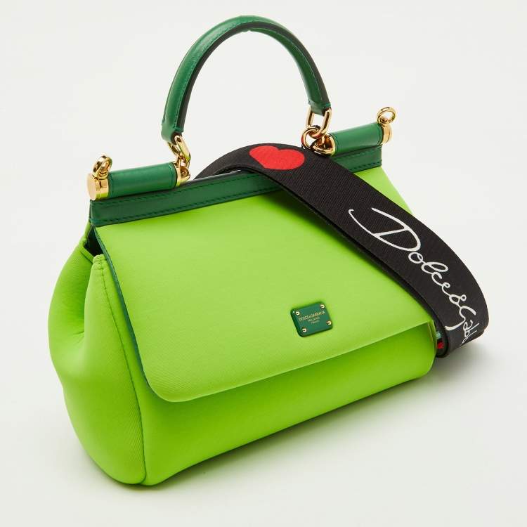 Pre Owned Dolce & Gabbana Neon Green Neoprene and Leather Small Miss Sicily Top Handle Bag