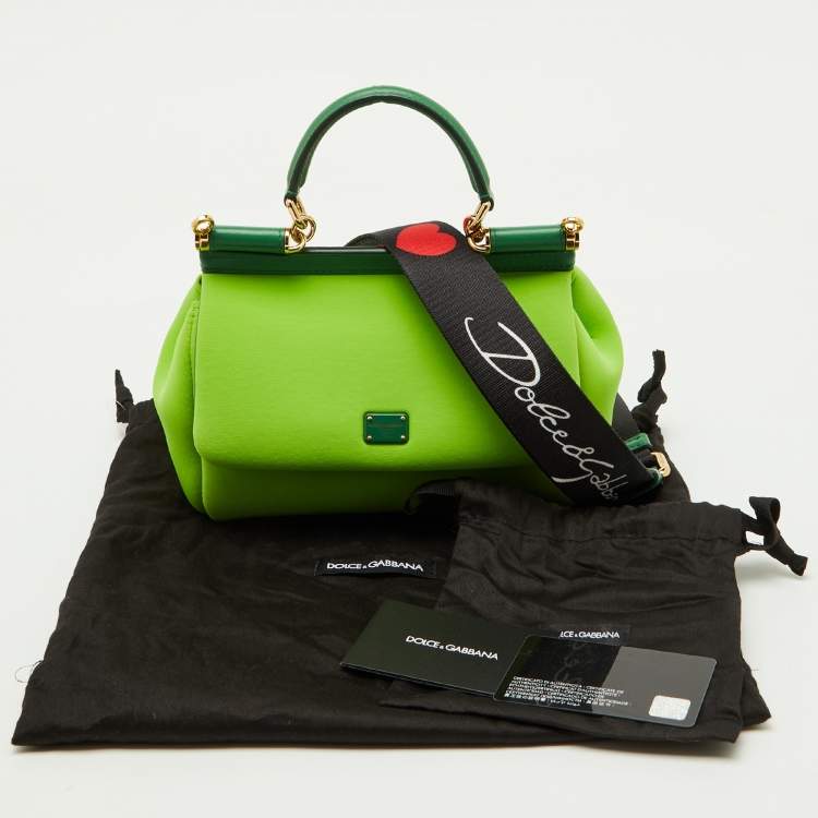 Pre Owned Dolce & Gabbana Neon Green Neoprene and Leather Small Miss Sicily Top Handle Bag