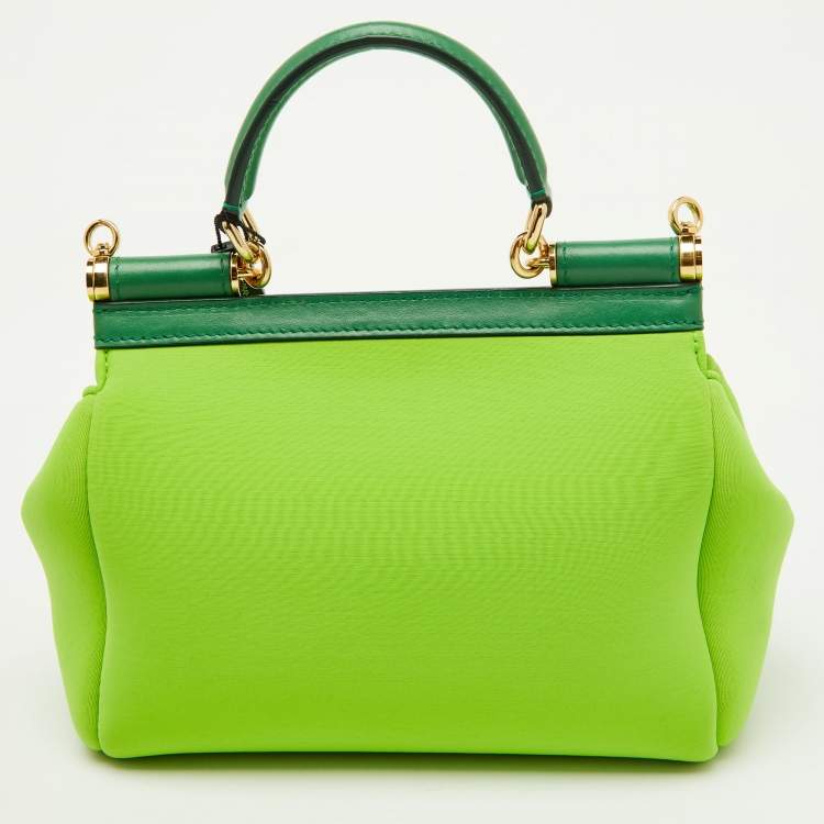 Pre Owned Dolce & Gabbana Neon Green Neoprene and Leather Small Miss Sicily Top Handle Bag