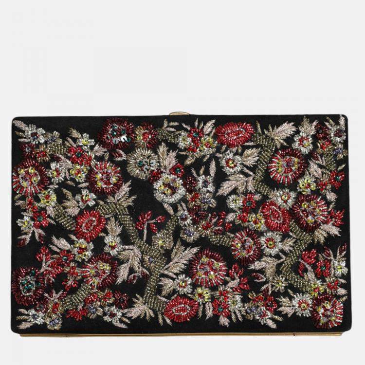 Pre Owned Dolce & Gabbana Floral Gold Frame Multicolor Fabric Clutch Evening Purse Bag