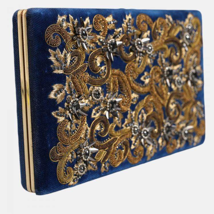 Pre Owned Dolce & Gabbana Gold Frame Blue Velvet Clutch Evening Purse Bag