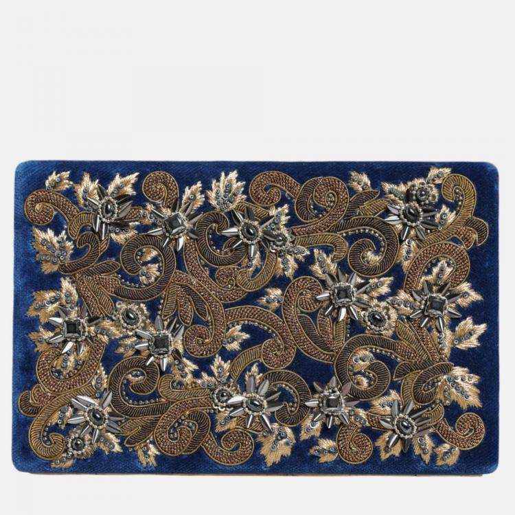 Pre Owned Dolce & Gabbana Gold Frame Blue Velvet Clutch Evening Purse Bag