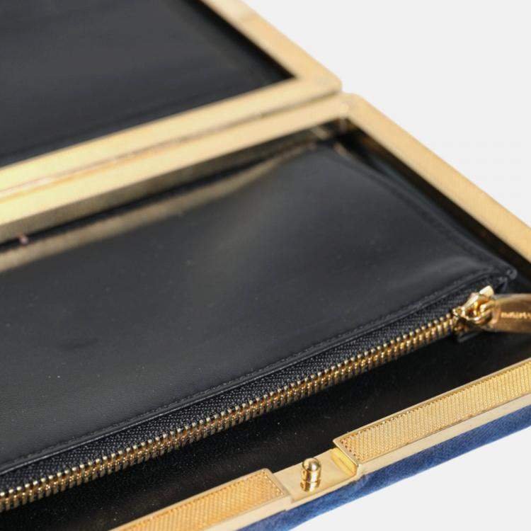 Pre Owned Dolce & Gabbana Gold Frame Blue Velvet Clutch Evening Purse Bag