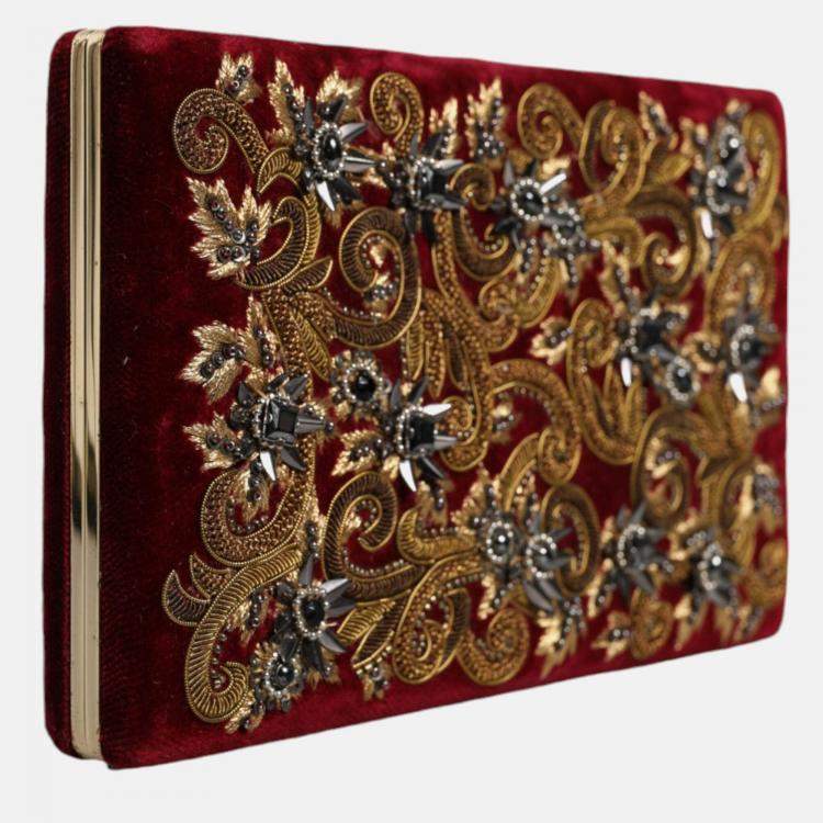 Pre Owned Dolce & Gabbana Gold Frame Red Velvet Clutch Evening Purse Bag