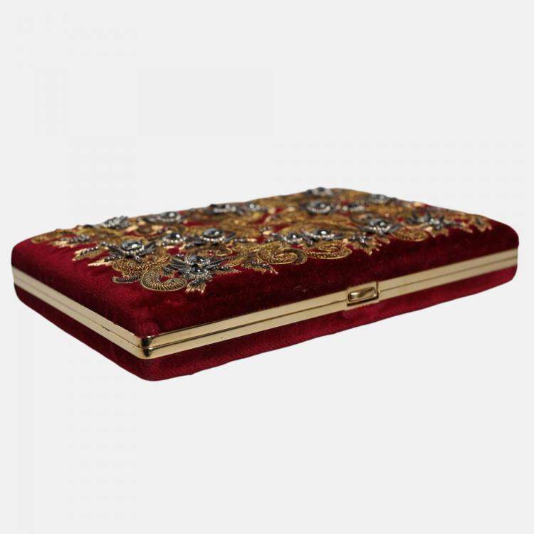 Pre Owned Dolce & Gabbana Gold Frame Red Velvet Clutch Evening Purse Bag