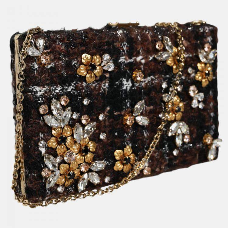 Pre Owned Dolce & Gabbana Floral Tweed Multicolor Fabric Clutch Crossbody Bag