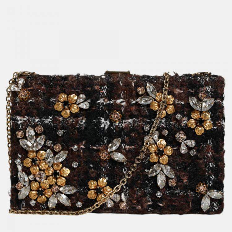 Pre Owned Dolce & Gabbana Floral Tweed Multicolor Fabric Clutch Crossbody Bag