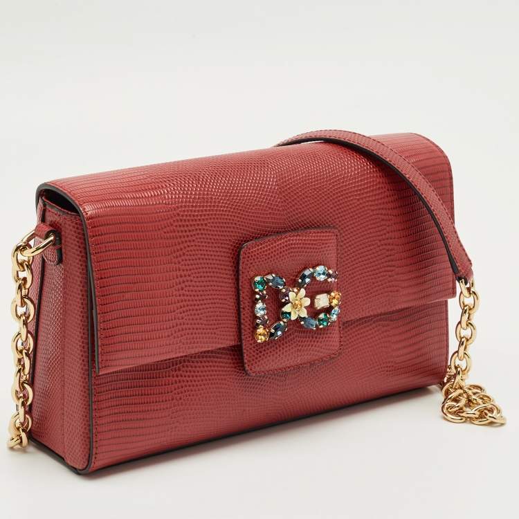 Pre Owned Dolce & Gabbana Red Lizard Embossed Leather DG Millennials Shoulder Bag