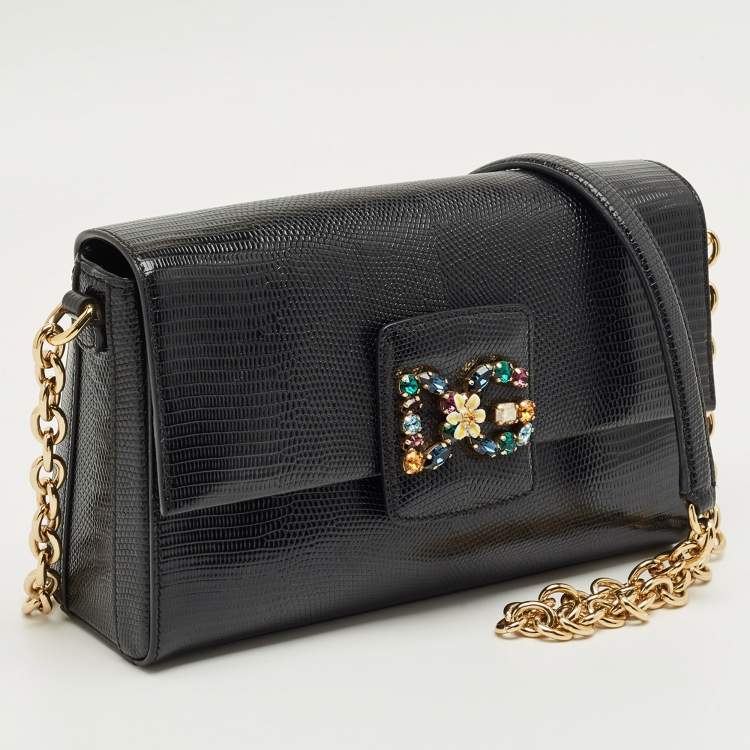 Pre Owned Dolce & Gabbana Black Lizard Embossed Leather DG Millennials Shoulder Bag