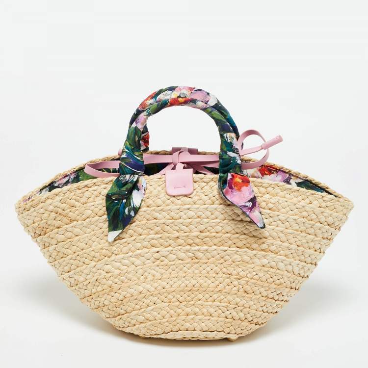 Pre Owned Dolce & Gabbana Pink/Natural Raffia Small Kendra Shopper Tote