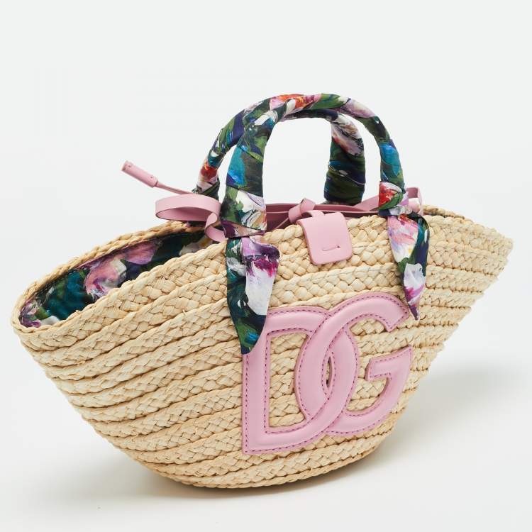 Pre Owned Dolce & Gabbana Pink/Natural Raffia Small Kendra Shopper Tote
