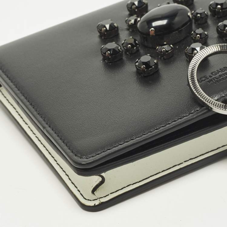 Pre Owned محفظة دولت شي أند غابانا جلد أسود/أبيض مطعمة بالكريستال على سلسلة