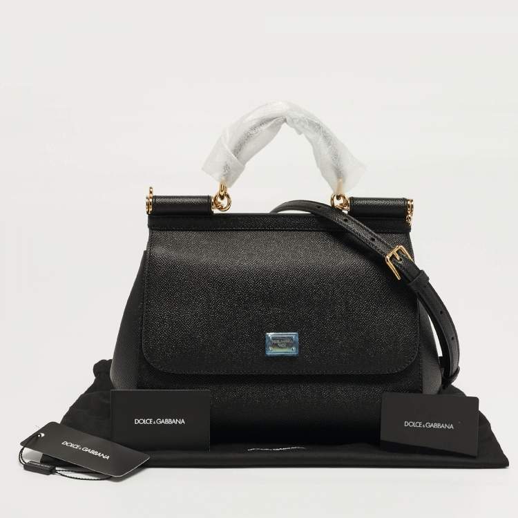 Pre Owned Dolce & Gabbana Miss Sicily Medium Black Leather Top Handle Bag