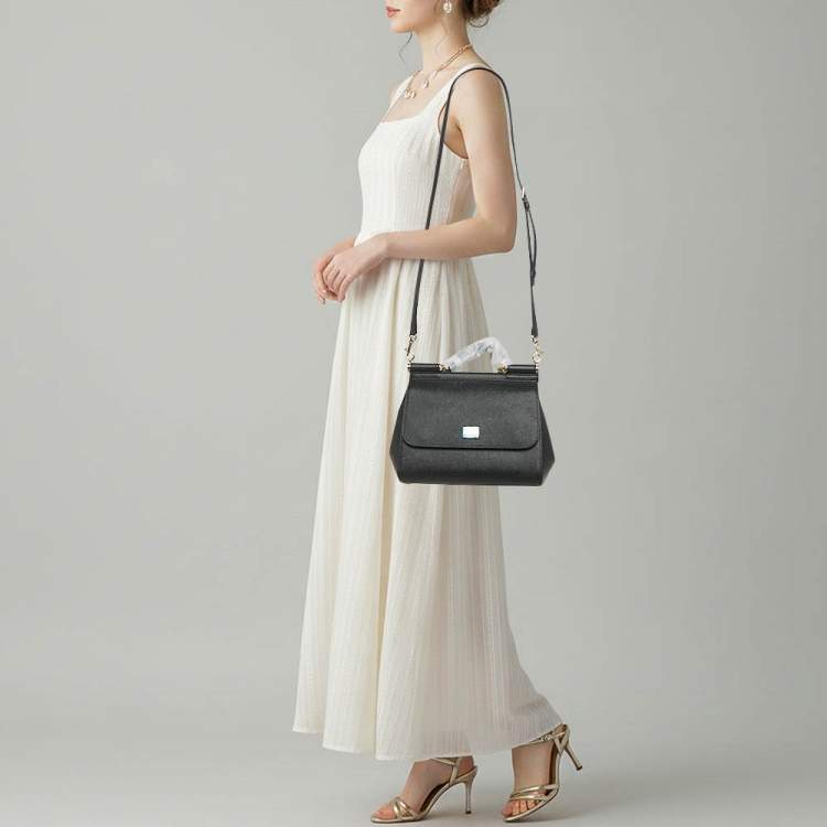 Pre Owned Dolce & Gabbana Miss Sicily Medium Black Leather Top Handle Bag