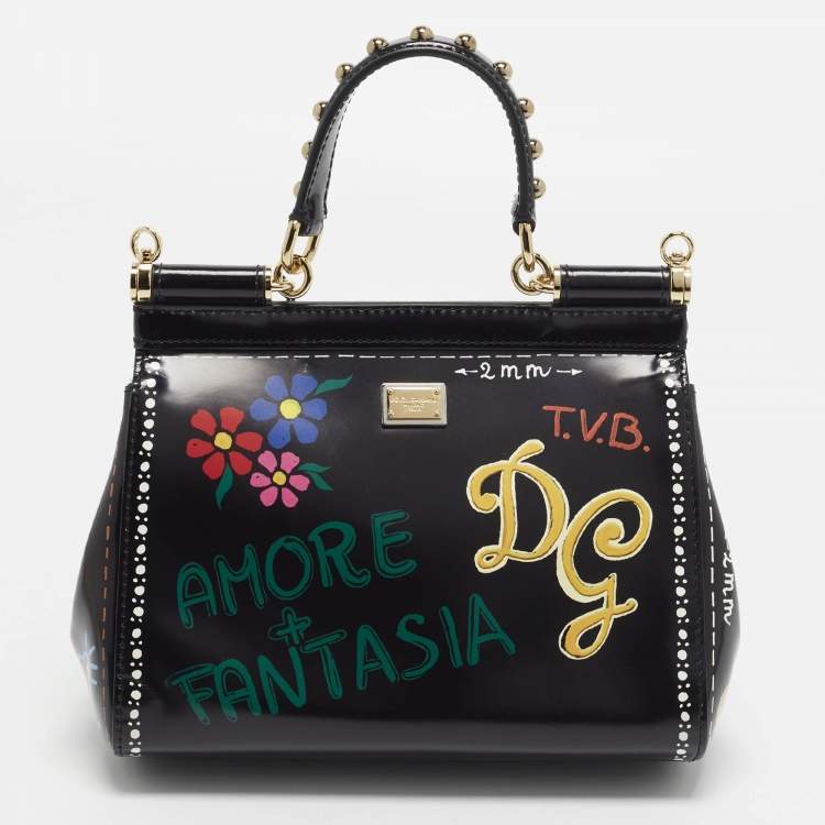 Pre Owned Dolce & Gabbana Miss Sicily Limited Edition Small Black Patent Leather Top Handle Bag