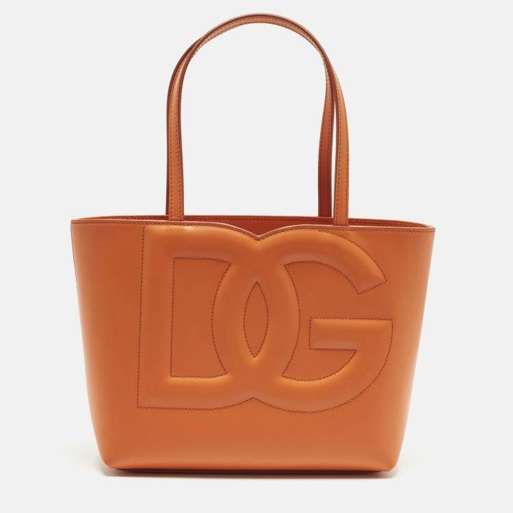 Pre Owned Dolce & Gabbana DG Logo Small Orange Leather Shopper Tote