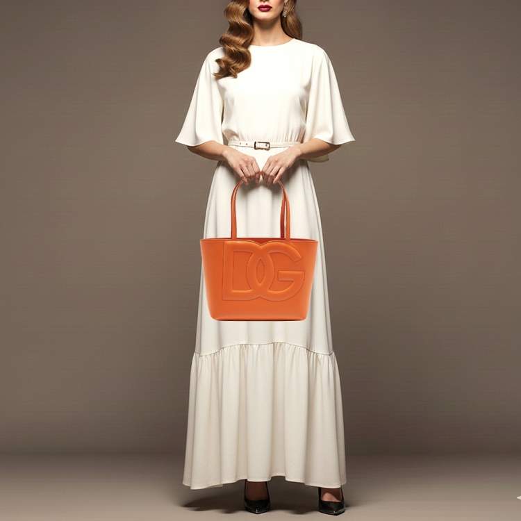 Pre Owned Dolce & Gabbana DG Logo Small Orange Leather Shopper Tote