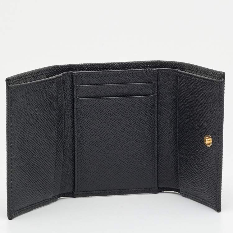 Pre Owned Dolce & Gabbana Logo Plaque Black Leather Trifold Wallet