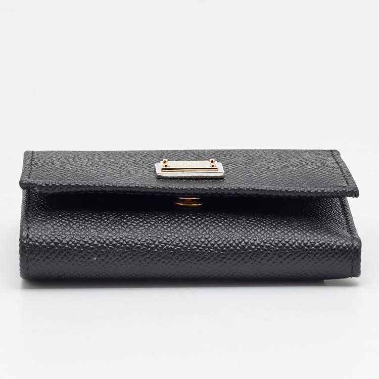 Pre Owned Dolce & Gabbana Logo Plaque Black Leather Trifold Wallet