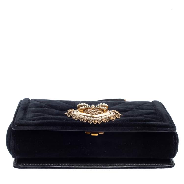 Pre Owned Dolce & Gabbana Black Matelassé Velvet Devotion Chain Shoulder Bag