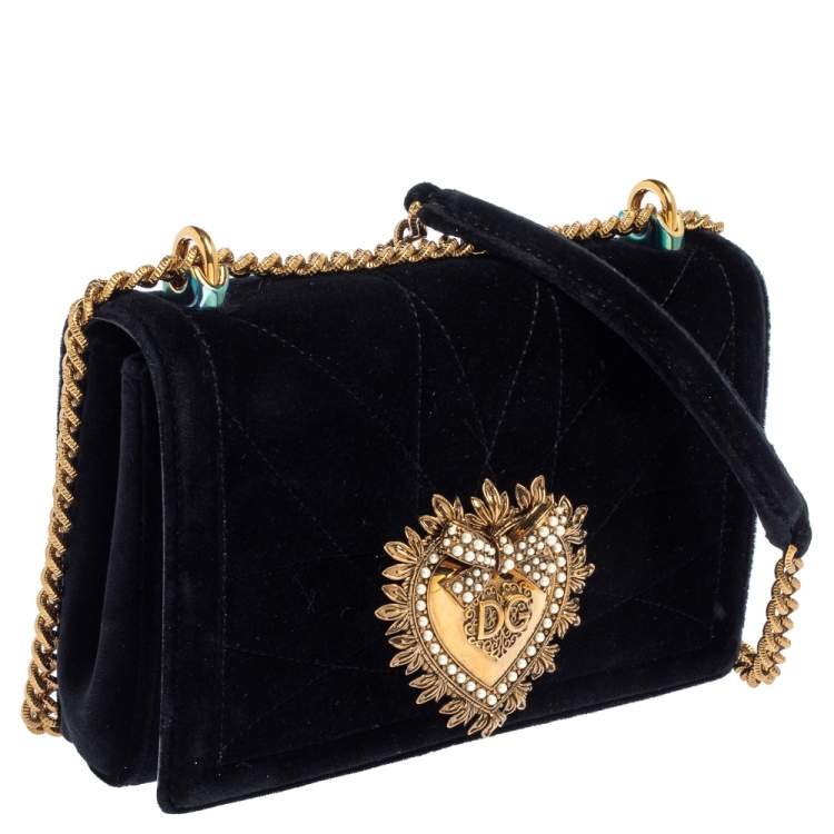 Pre Owned Dolce & Gabbana Black Matelassé Velvet Devotion Chain Shoulder Bag