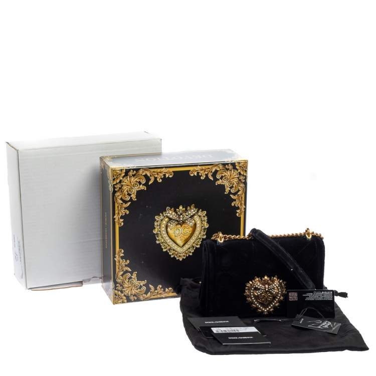 Pre Owned Dolce & Gabbana Black Matelassé Velvet Devotion Chain Shoulder Bag