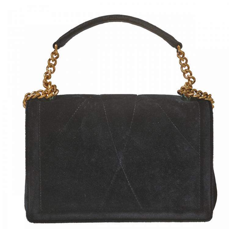 Pre Owned Dolce & Gabbana Black Matelassé Velvet Devotion Chain Shoulder Bag